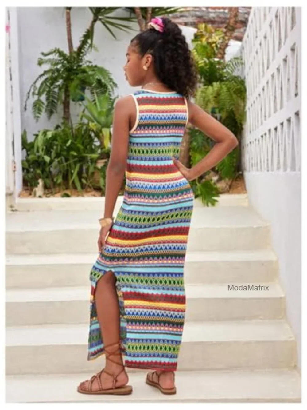 Girl's Boho Striped Sleeveless Square Neck Maxi Dress Casual